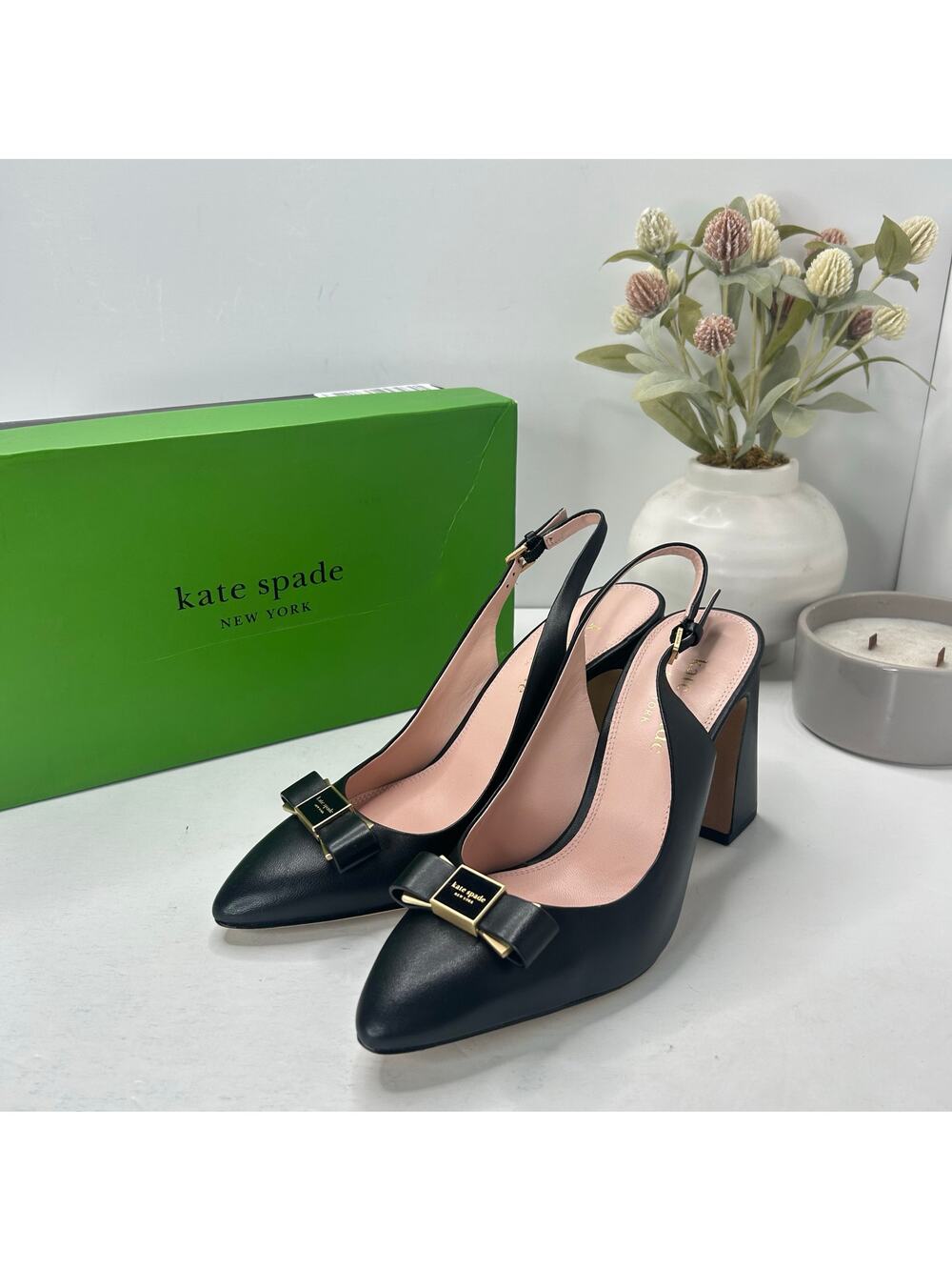 Kate Spade New York Bowdie Slingback Pumps Pointed Toe Black Women 8B NWB